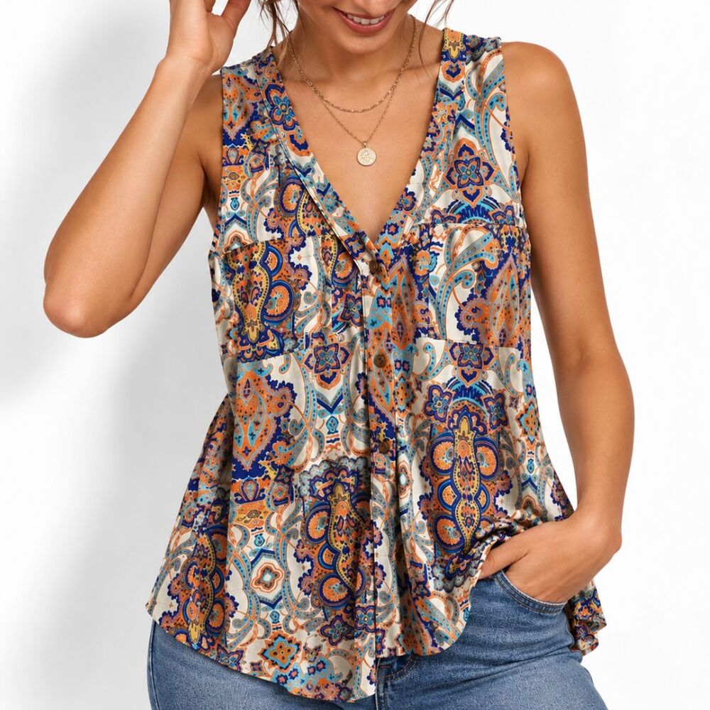 BCBGMAXAZRIA Womens Medium Paisley Sleeveless Blouse Boho Tunic Top Orange Blue